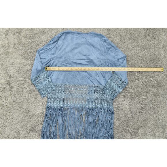 Chico's Women's Blue Open Cardigan Size 2 Polyester Geometric Suede - Picture 4 of 10